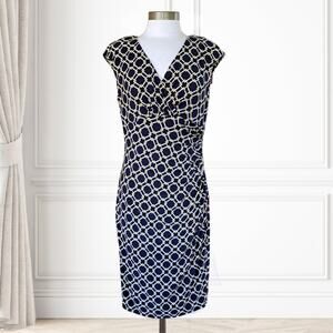 LAUREN Ralph Lauren Navy Blue Print Jersey Cap Sleeve Dress Ruched Sheath Sz 12